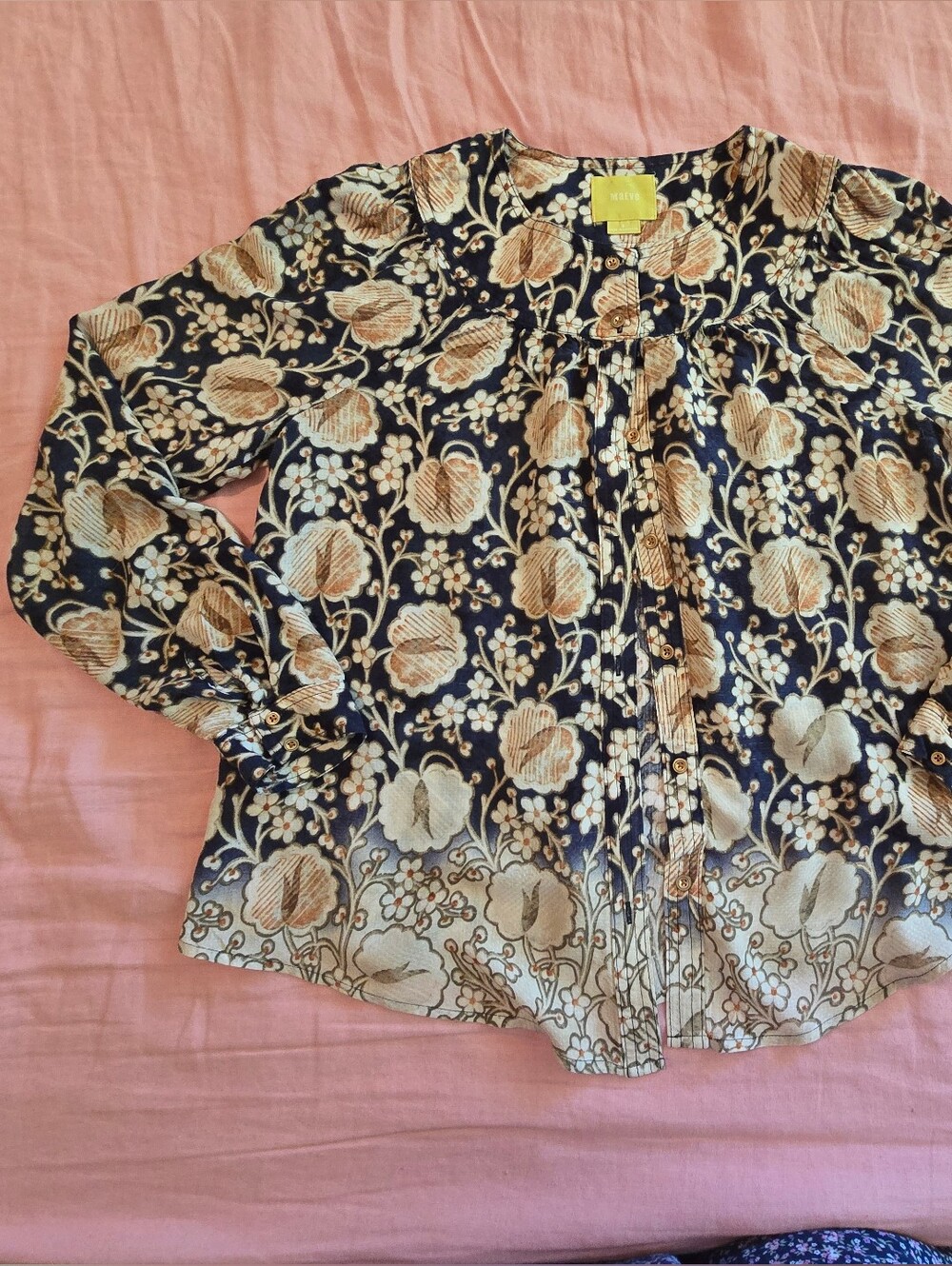 Maeve Floral Long-Sleeve Top - Navy & Cream- Anthropologie